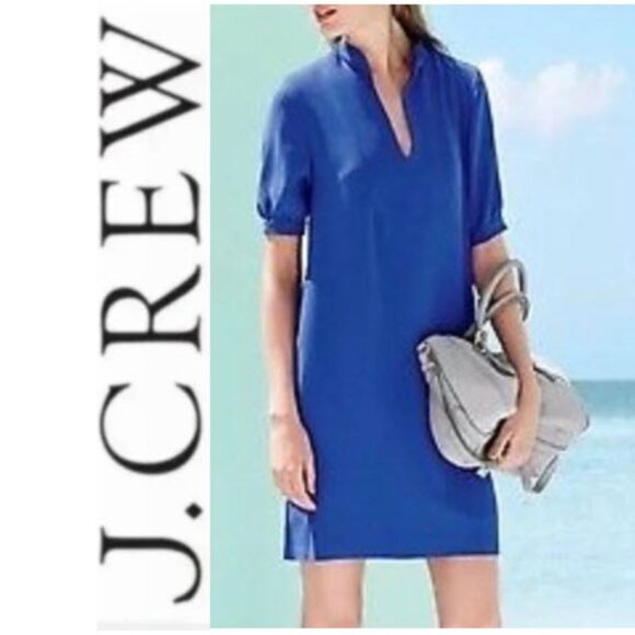 J. Crew Blue Shift Dress Crepe V-Neck Puff Sleeve Size 4 Short sleeve - Picture 1 of 16